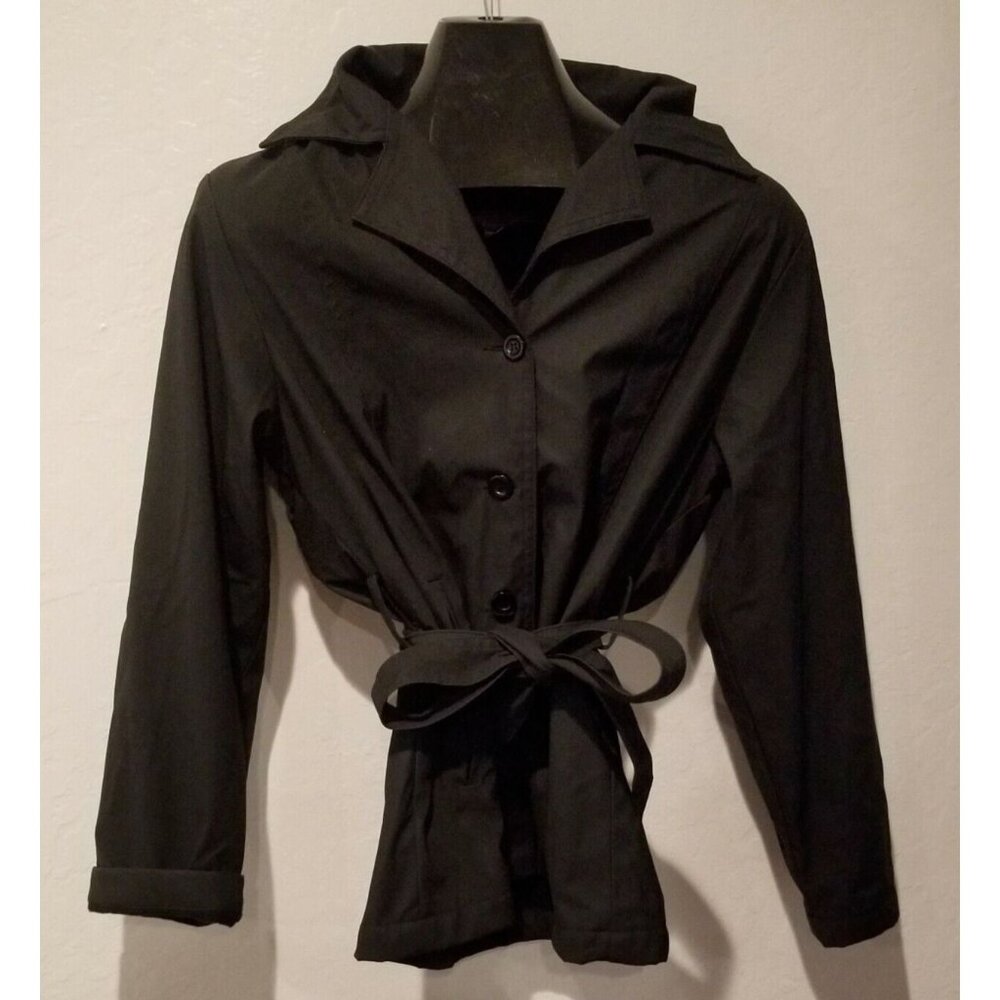 New Cheneral Sports Women Medium Tie Waist Hooded Raincoat Jacket Black Packable